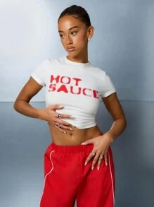 SUMWON WOMEN Hot Sauce Graphic Fitted Crop Top Cotton Jersey Short Sleeve Casual Summer Festival Streetwear Statement T Shirt Contemporary Fashion Basic - White - View 1