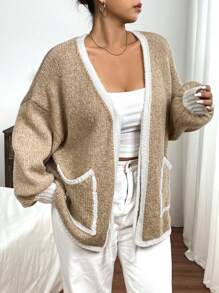 SHEIN Frenchy Áo len cardigan viền tương phản cỡ lớn thường ngày, cho mùa đông - Màu Khaki - Xem 5