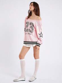 SHEIN EZwear Casual Sports V-Neck Long Sleeve Knitted Pink Mesh Jersey Sweatshirt With Letter & Number Print And Drop Shoulders For Ball Games