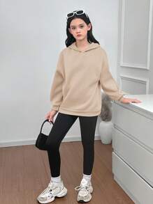 SHEIN Tween Girls Loose Fit Gathered Back Design Casual Pullover Long Sleeve Hoodie Sweatshirt - Khaki - View 3
