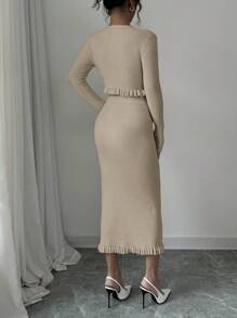 Chiquease 2pcs Women Autumn Simple Elegant Ruffled Hem Sweater And Button Decor Sweater Skirt Set - Khaki - View 2