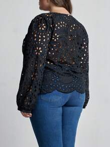 GENKIRA Áo sơ mi dài tay thêu ren thời trang đi làm ngẫu nhiên không đối xứng - màu đen - Xem 2