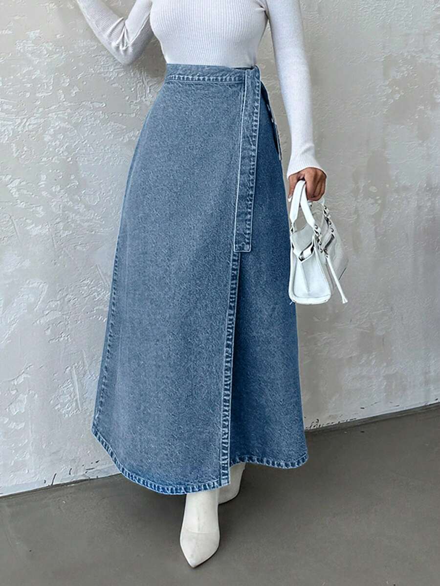 EURMUSE Women's Tie-Front Simple Denim Mini Skirt For Casual Everyday Wear - Medium Wash - View 1