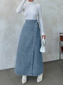 EURMUSE Women's Tie-Front Simple Denim Mini Skirt For Casual Everyday Wear - Medium Wash - View 6