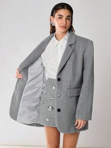 Enchnt 1 件女式纯色翻领长袖单排扣休闲羊毛大衣，秋冬 - 灰色 - 查看 3