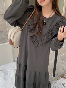 DAZY 女士荷叶边下摆中长款卫衣连衣裙，秋冬 - 深灰色 - 查看 9