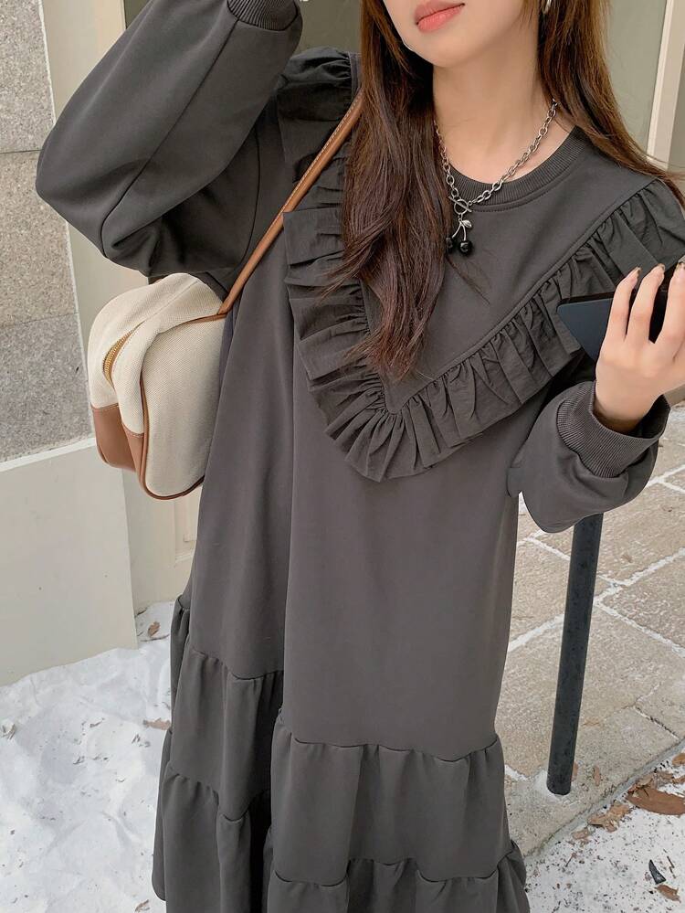 Women Ruffle Hem Mid-Length Sweatshirt Dress, Autumn/Winter