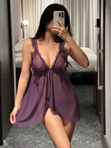 DAZY 2pcs Sheer Mesh Ruffle Trim Bow Decor Open Front Babydoll Gown & G-String Sexy Sleepwear Set For Going Out