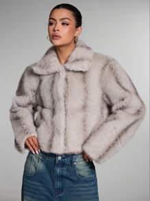 SHEIN BAE 女款冬季短款毛茸茸休閒外套 復古淺灰色動物紋毛皮 優雅晚宴派對聖誕感恩節短版毛絨夾克 - 淺灰色 - 查看 2