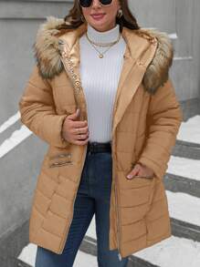 SHEIN LUNE 大码女式拉链加厚棉服外套，纯色长袖连帽休闲外套，冬季服装 - 駝色 - 查看 6