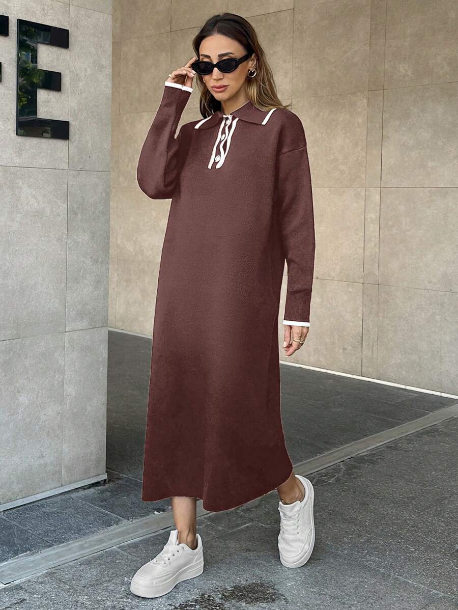 EURMUSE Gestricktes Kleid mit Polokragen für Damen - Altrosa - Übersicht 1