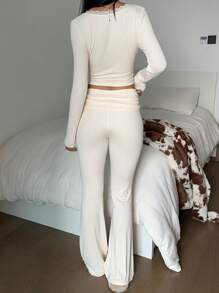 SHEIN EZwear Vrouwen V-hals Bodycon Top met lange mouwen en wijde broek 2-delige set, ribgebreid, comfortabel om thuis te dragen, herfst/winter