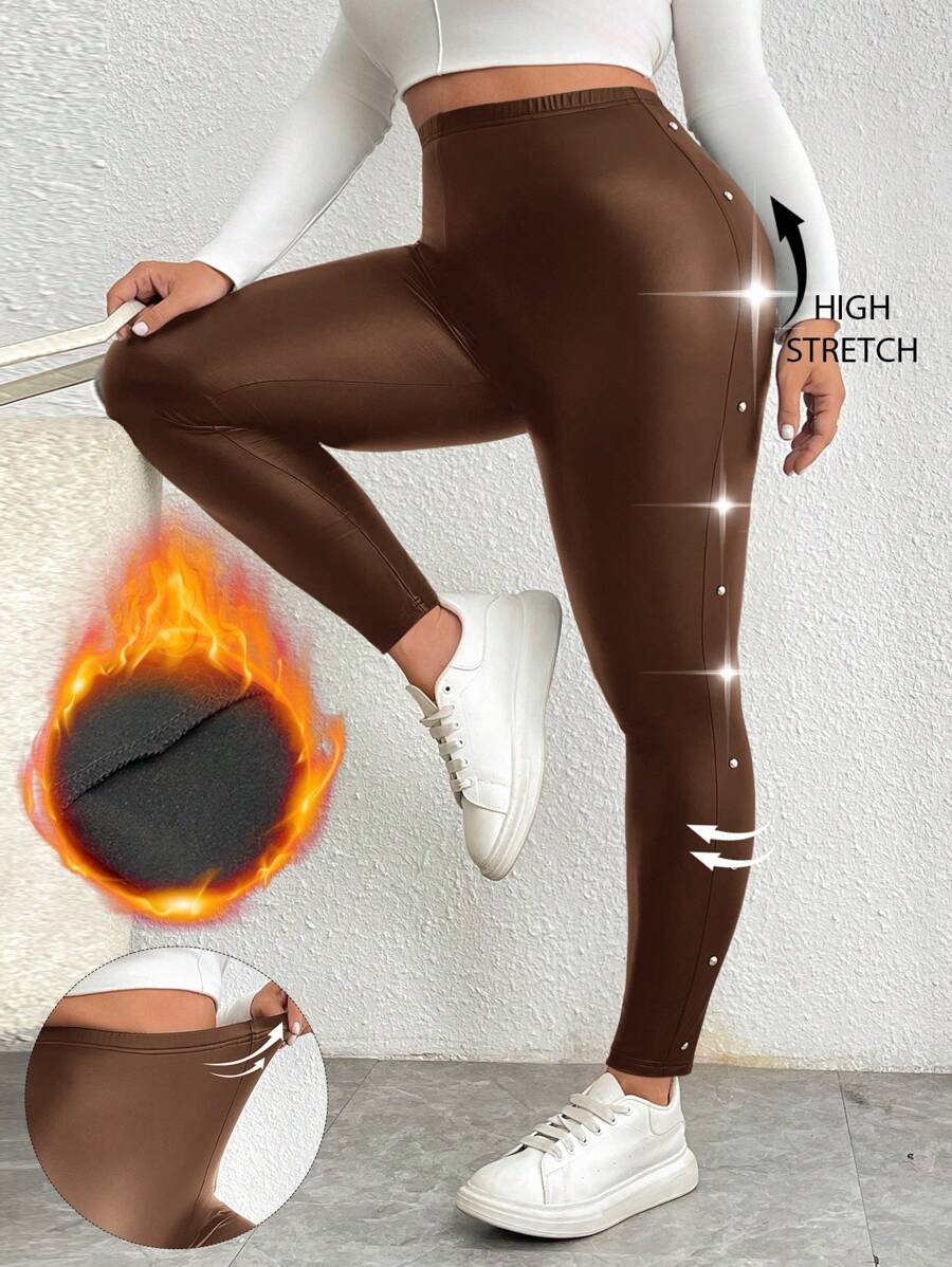 Calvaya Plus Size Women Solid Color Thermal Lined Slim Fit PU Leather Leggings - Brown - View 1