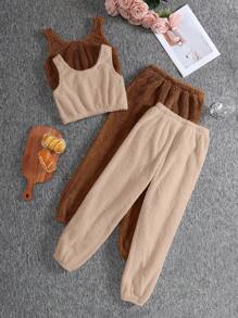SHEIN 4pcs Tween Girl Minimalist Cozy Short Cropped Vest And Drawstring Ankle Pants Fleece Homewear Set, Autumn/Winter