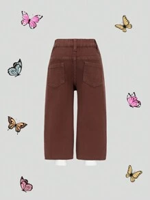 SHEIN Baby Girls Versatile Casual Coffee Solid Washed Wide Leg Denim Pants - Coffee Brown - View 2