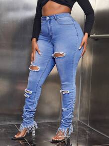 SHEIN SXY Plus High Waist Ripped Fringe Hem Skinny Jeans - Medium Wash - View 5