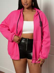 Slaydiva Streetwear & Casual & Relaxed Loose Fit Rose Red Pocket-Detailed Drop Shoulder Zipup Sweatshirt, Plus Size Women Regular Sweatshirt, Autumn/Winter - Hot Pink - View 6