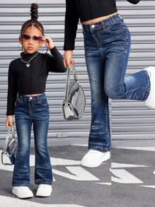 SHEIN SLAYR KIDS Young Girl' Ruffled Wavy Blue Denim Flared Jeans