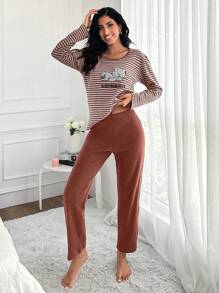 SHEIN Cottnline 100%Cotton Striped & Cartoon Graphic PJ Set - Coral Orange - View 3