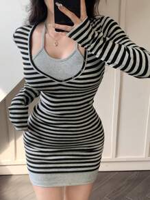 DAZY 女式二合一拼色条纹迷你连衣裙，秋季连衣裙长袖连衣裙 - 灰色 - 查看 2