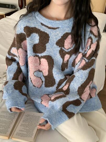 DAZY Women Colorful Leopard Print Crew Neck Casual Long Sleeve Sweater, Autumn/Winter