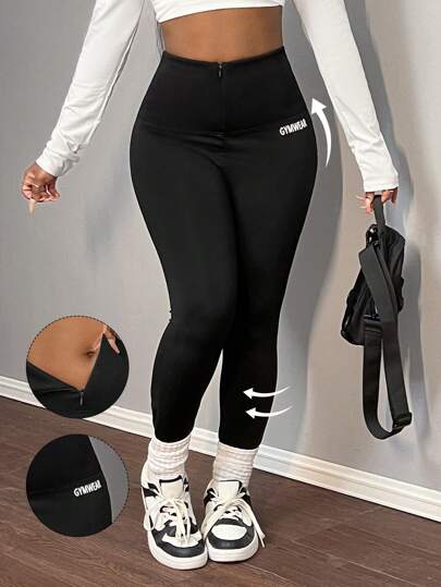 Slaydiva New Casual Simple Basic Sports Pants Ultra-High Waisted Zipper Decorated With English Letters Printed Ribbed Waistband Slim Black Yoga Pants Women's Leggings-A