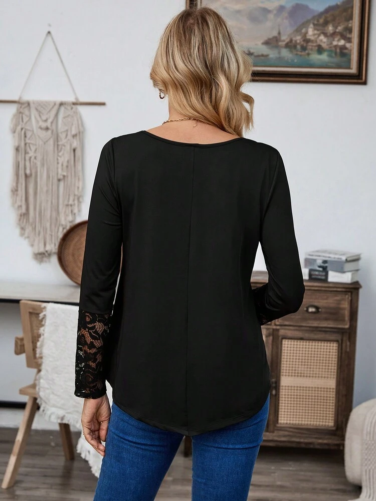 Ausgeh-Top Spitze Party Winter Langarm Top Schwarzes Top Schwarz Herbst Schwarzes Langarm Neujahr Winter Damen T-Shirt