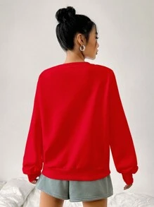 SHEIN EZwear 休闲简约米兰印花图案圆领长袖宽松女式运动衫 - 紅色 - 查看 3