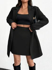 SHEIN Tall Double-Breasted Suit Jacket And Skirt Set - Black - View 6