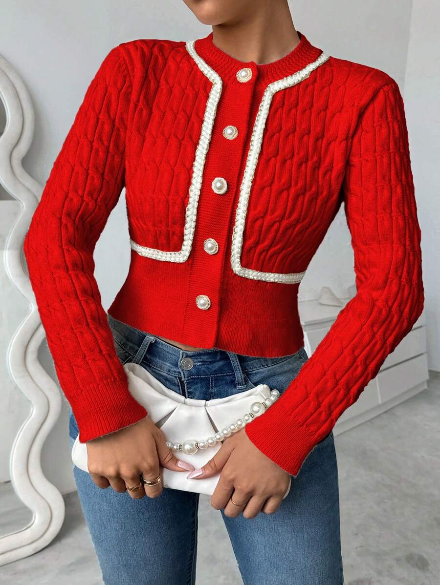 Chiquease Áo len cardigan cắt ngắn đan xoắn cho trang phục năm mới - Đỏ - Xem 1