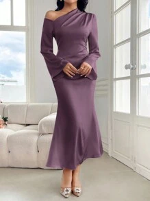 Modelyn 女士纯色露肩宽松长袖紧身连衣裙，带褶边，婚礼/场合礼服长款晚礼服 - 淺灰紫 - 查看 6