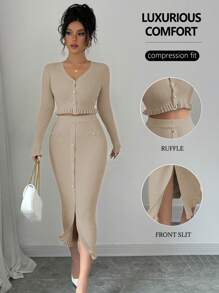 Chiquease 2pcs Women Autumn Simple Elegant Ruffled Hem Sweater And Button Decor Sweater Skirt Set - Khaki - View 1