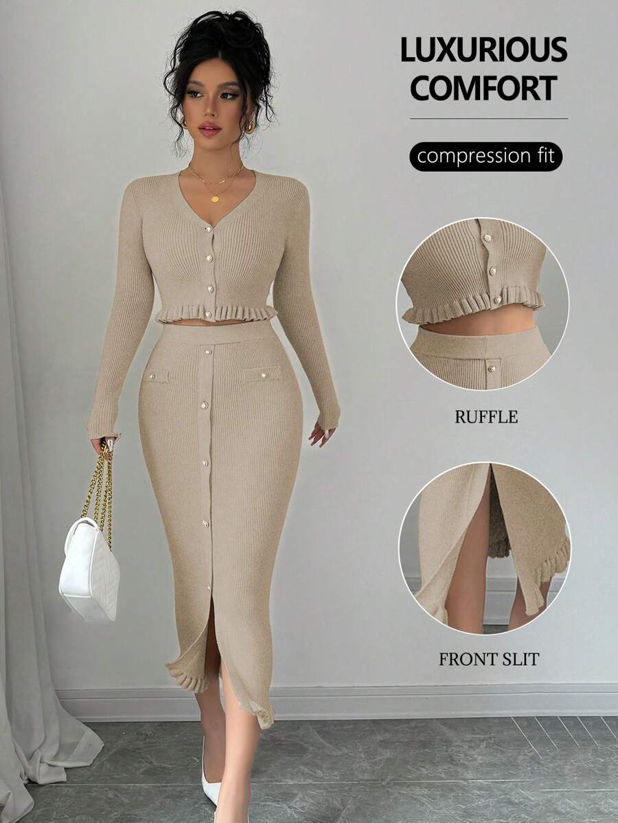 Chiquease 2pcs Women Autumn Simple Elegant Ruffled Hem Sweater And Button Decor Sweater Skirt Set - Khaki - View 1