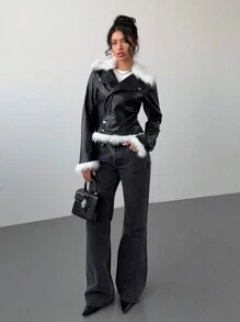 Aloruh 新款秋冬女士 PU 拼接蓬蓬领皮夹克