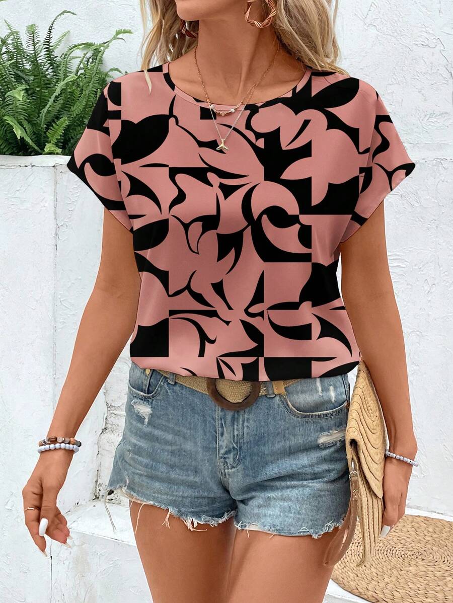EMERY ROSE Simple Casual Women Cutout Pattern Round Neck Blouse, Suitable For Summer Suitable For Going Out Chic Blouses For Women - Multicolor - View 1