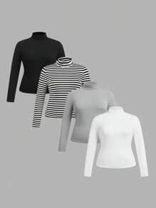 SHEIN Essnce 4pcs/Set Women Plus Size Casual Striped Turtleneck Fitted Pullover Tops, Autumn/Winter