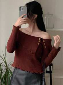 DAZY 女士修身露肩毛衣，纯色，长袖露肩毛衣，秋季服装 - 酒紅色 - 查看 6