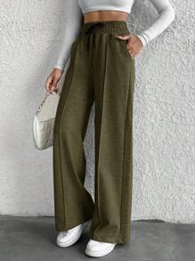 Cottnline Cotton Petite Drawstring Waist Wide Leg Pants - Army Green - View 3