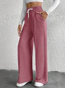 Cottnline Petite Drawstring Waist Wide Leg Pants - Rose Red - View 5