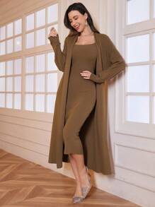 Conjunto de 2 piezas para mujer con chaqueta de manga larga y vestido sólido de color con textura esponjosa, conjunto de vestir casual
