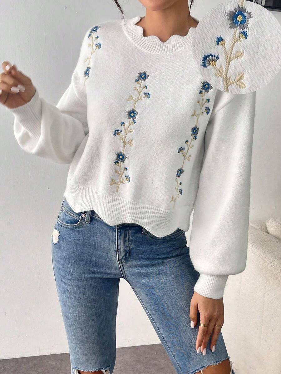 Calvaya 1pc Loose Fit Floral Embroidered Sweater With Lace Collar, Suitable For Autumn/Winter, Long Sleeve Top Knit Pullover Fall - White - View 1