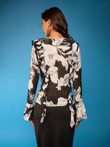 Opulessa Women Floral Print Ruffle Collar Long Sleeve Blouse, Autumn