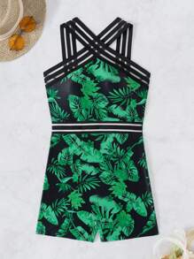 Swim Lushoire 1pc Women Tropical Plant Print Halter Neck One-Piece Swimsuit, Random Print Summer - Dark Green - View 2