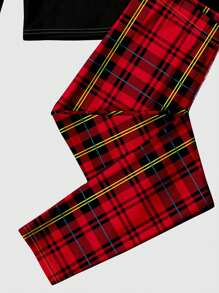 SHEIN 青少年男孩圣诞老人网格图案休闲简约紧身长袖圆领裤睡衣套装，适合秋冬季 - 彩色 - 查看 4