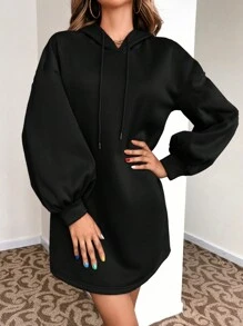 SHEIN Frenchy 1 Áo nỉ trùm đầu tay dài trơn tối giản cho nữ, mặc thường ngày - màu đen - Xem 4