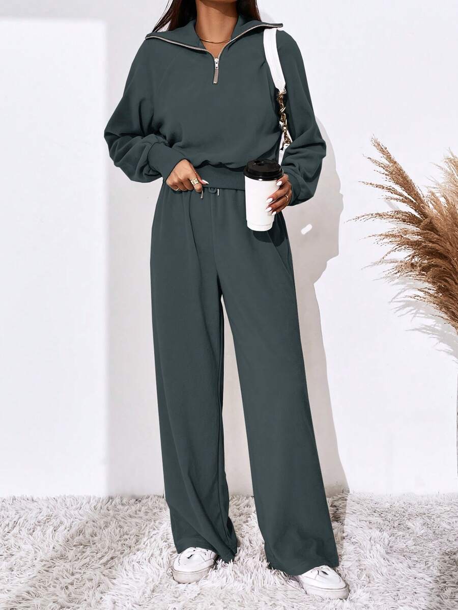SHEIN Essnce Bộ 2 món áo hoodie trễ vai đơn giản, màu trơn, có khóa kéo nửa đầu, áo nỉ và quần ống đứng cho nữ - Màu xám đen - Xem 1