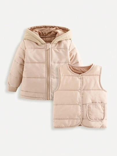 SHEIN 2 件套男婴休闲日常百搭简约背心和连帽长袖夹克套装，秋冬季宝宝的理想选择，时尚、温暖、舒适的必备单品