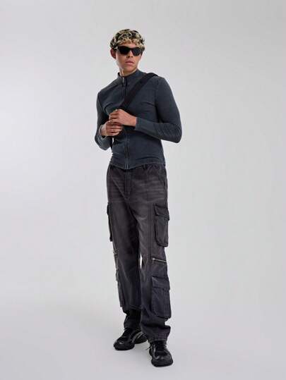 Musero Men Moto Baggy Acid Wash Cargo Jeans