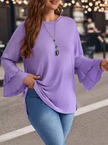 EMERY ROSE 大码冬季女式休闲紫色长款喇叭袖侧开衩 T 恤 - 紫色 - 查看 3