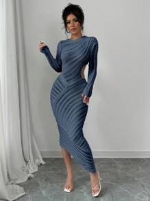 Rafferiza Đầm Bodycon khoét eo thanh lịch thời trang - Màu xanh hải quân - Xem 5